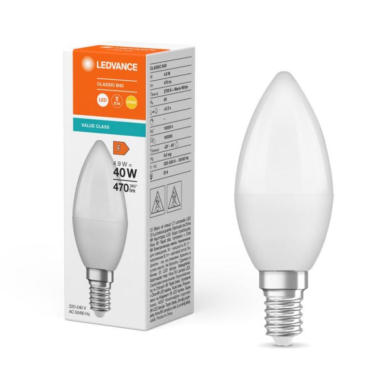 Aktion: Nur noch angezeigter Bestand verfügbar - Ledvance E14 LED Kerzenlampe Classic matt 4,9W wie 40W 2700K warmweißes Licht - Value Class